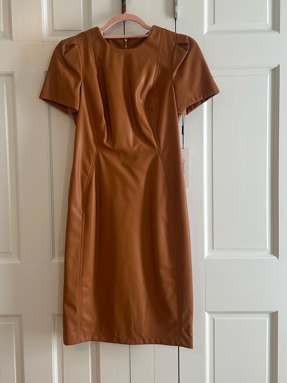 Calvin Klein Faux Leather Sheath Dress in Camel Brown